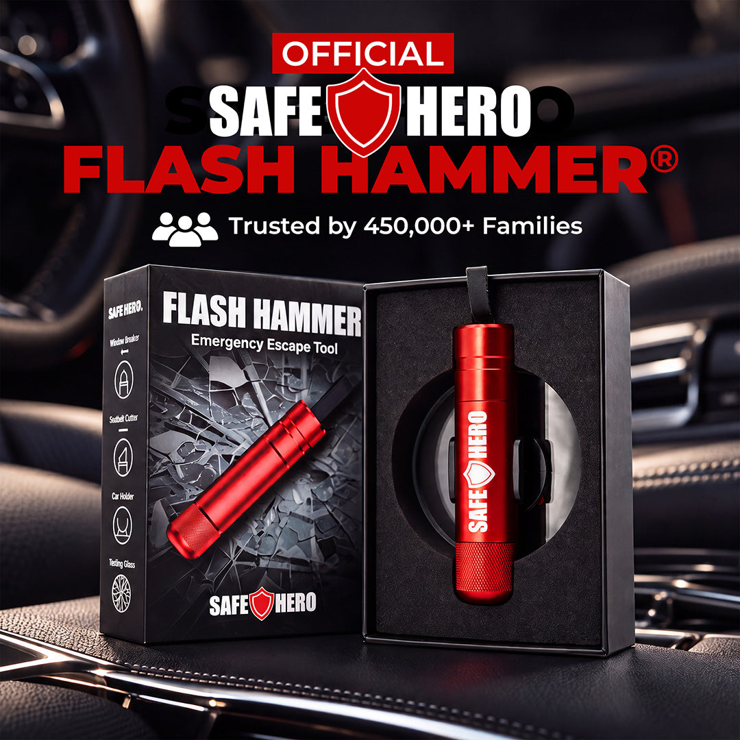 Official Safe Hero Flash Hammer emergency escape tool with its gift box and car holder