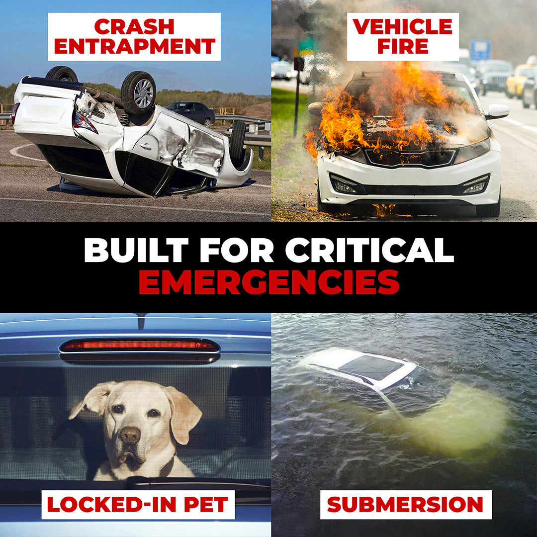 Emergencies the Flash Hammer is built for: crash entrapment, vehicle fire, a pet locked in a car and a submerged car